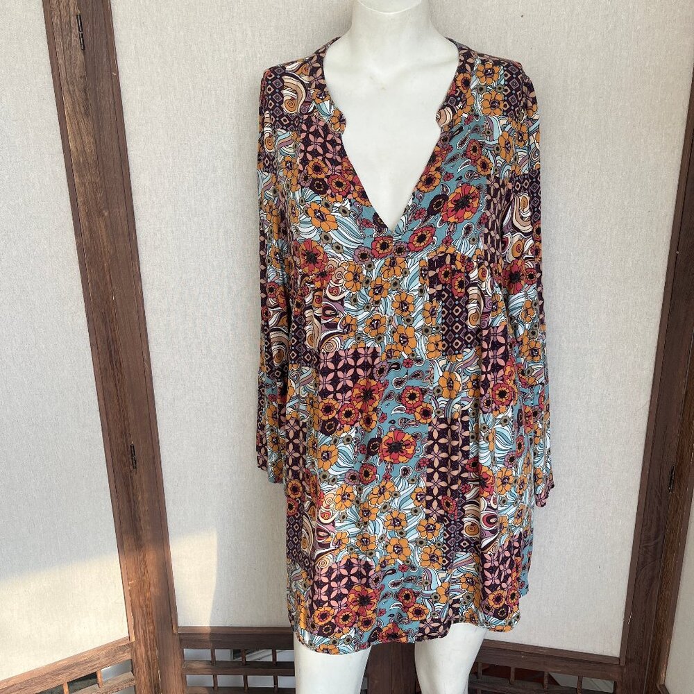 Flared Long Sleeved Floral Babydoll Mini Dress